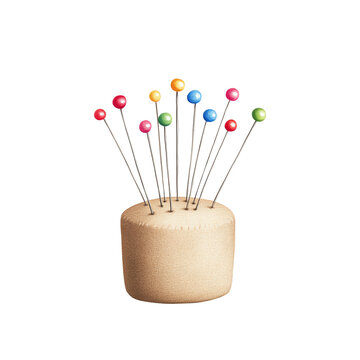 Pincushion with colorful pins, white isolate background