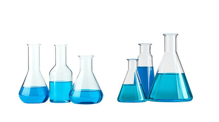 Laboratory glassware with blue liquid, white isolate background