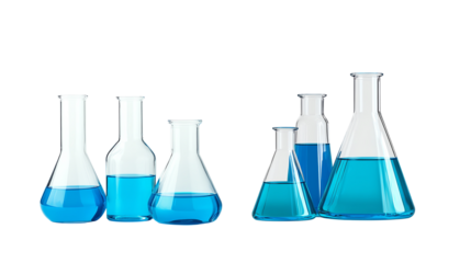 Laboratory glassware with blue liquid, white isolate background