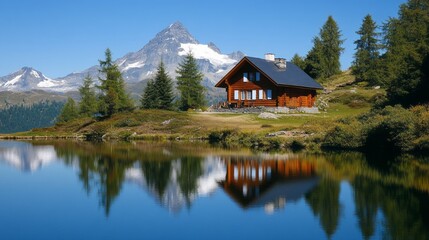 Obraz premium Serene Mountain Cabin Reflecting on Still Lake Waters