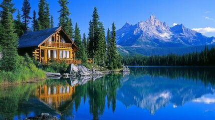 Fototapeta premium Mountain Cabin Serenity Lakeside Retreat with Stunning Reflections