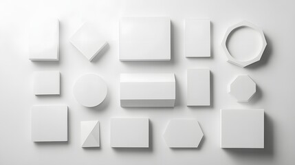 1. A collection of blank white mockups in different shapes and sizes, including rectangular, circular, and hexagonal forms, arranged creatively against a soft backdrop, ideal for product advertising