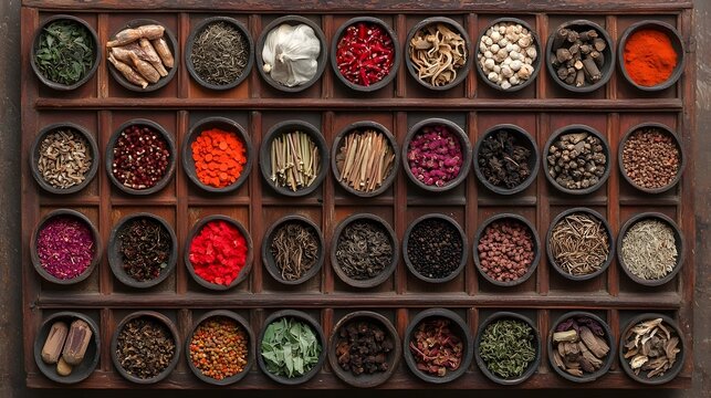 Wooden traditional Chinese medicine cabinet with labeled drawers filled with an assortment of herbs spices and natural remedies for holistic health and alternative therapy