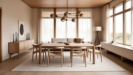Wood furniture in dining room. Scandinavian home interior design of premium modern living room.