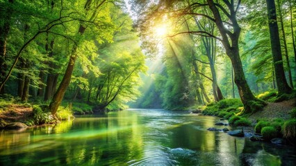 Tranquil forest with sunlight filtering through lush green trees by a serene flowing river Silhouette