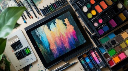 A flat lay of a digital artist tools, including a tablet, stylus, and color swatches, with a half-finished piece of digital art displayed, highlighting the modern and accessible nature of the hobby