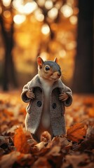 Obraz premium Squirrel in gray coat, brown, stands on autumn leaves. Orange, yellow foliage in serene forest. Soft blur background provides depth, scale. Squirrel gaze directed towards camera, creates connection