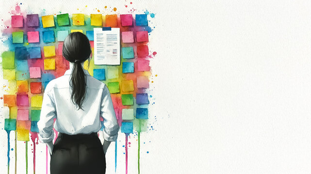 Female employee looking at a wall board of colorful sticky notes, instructor, with blank space for text