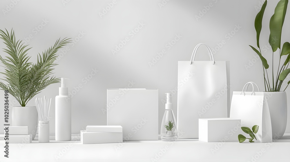 Wall mural 2. an artistic display of blank white mockups showcasing various product shapes, such as boxes, bags