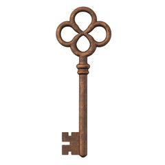 Vintage decorative key with ornate design, isolated on white background.