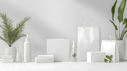 2. An artistic display of blank white mockups showcasing various product shapes, such as boxes, bags, and bottles, set against a clean background, providing ample space for branding and design