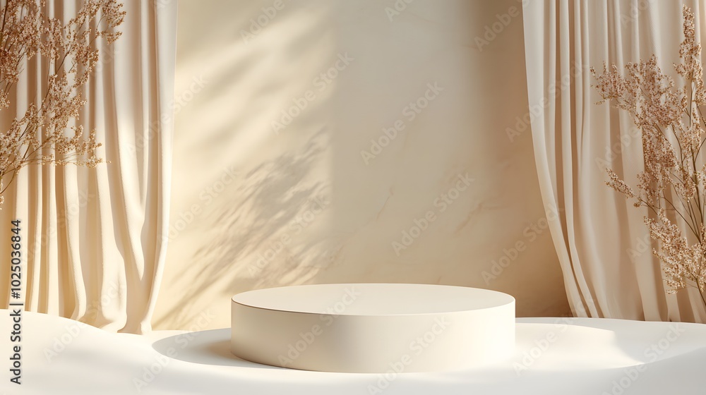 Poster 5. a stylish 3d render of a round pedestal positioned in front of a minimal abstract beige backgroun