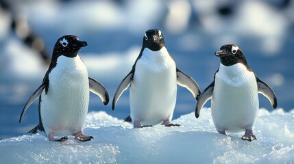 Obraz premium Penguins on Icy Shore Antarctic Wildlife Under a Clear Sky