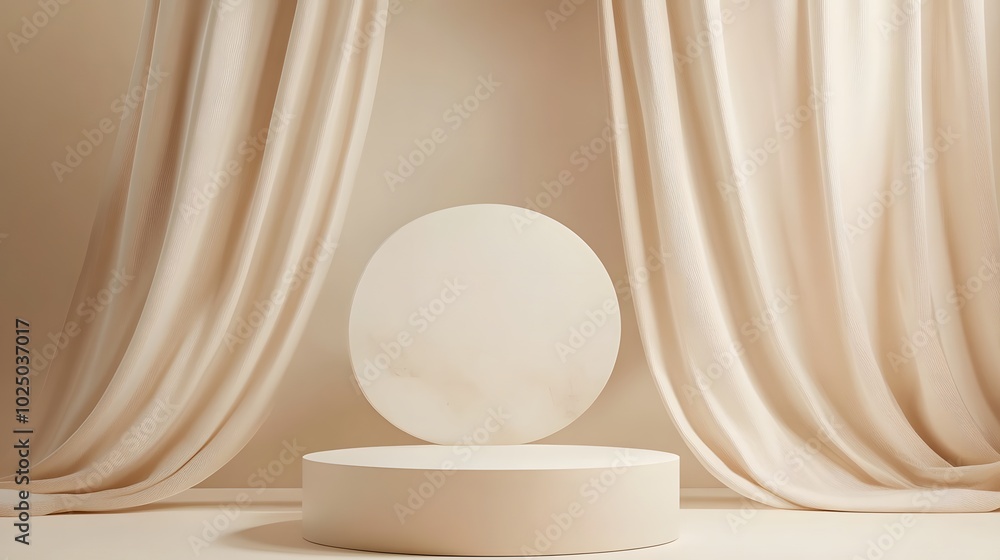 Aufkleber 5. a stylish 3d render of a round pedestal positioned in front of a minimal abstract beige backgroun