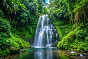 Naklejka premium Waterfall flowing through green foliage