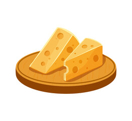 Two triangular pieces of cheese on wooden cutting board. Dairy product, organic farm food, dairy food Vector illustration Isolated