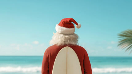 Santa looking out at ocean with surfboard, wearing red hat and sweater, embodies unique holiday spirit by beach