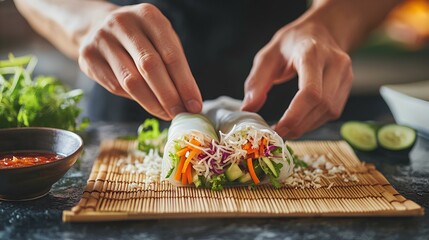 A person rolls fresh ingredients into a rice paper wrap, creating a colorful and healthy meal, surrounded by garnishes and dipping sauce.
