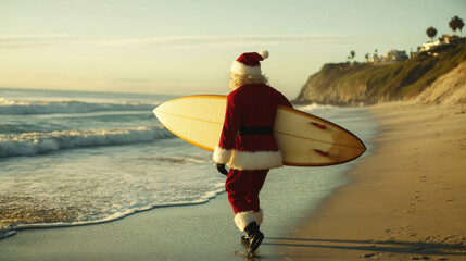 Santa walks along beach with surfboard, enjoying sunny day by ocean. scene captures unique blend of holiday spirit and beach vibes, creating cheerful atmosphere