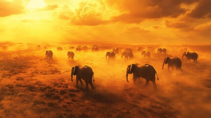Elephants Crossing the Golden Savanna