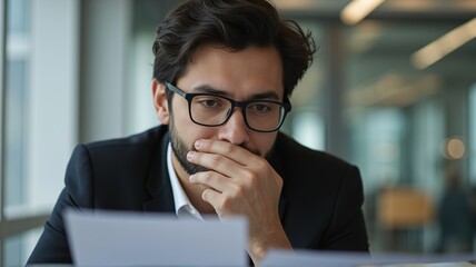 Thoughtful man with glasses reviewing documents in a modern office setting, deep in concentration, displayed through soft natural lighting and glass windows.