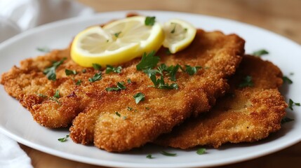 A golden-brown breaded dish garnished with lemon slices and parsley, served on a white plate, creating an appetizing presentation.