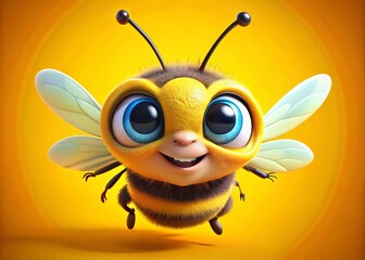 Aerial View of a Cartoon 3D Bee on Bright Yellow Background for Vibrant Illustrations and Designs