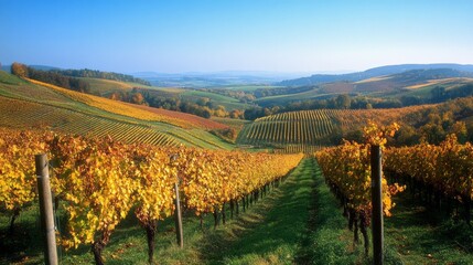Fototapeta premium Golden Harvest Rolling Hills Vineyards Under a Blue Sky