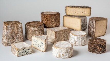 A selection of artisanal cheeses, including Swiss and Brie, on a white background, ready for gourmet presentation or food photography.