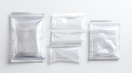 A set of transparent Ziplock bags in different sizes, isolated on a bright white background, showcasing their versatility for food and storage.