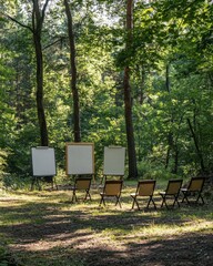 A workshop or team-building session in a forest, with flipcharts and whiteboards set up in a shaded clearing, surrounded by nature, allowing for creativity and clear thinking