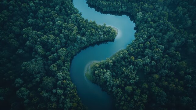 shot from above of a river running through a dense forest
