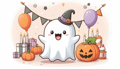 Fototapeta premium Cute little ghost on Halloween, cheerful birthday party scene with colorful party hats, balloons and festive decorations. The design combines festive elements, with a cartoon-like style with fun.
