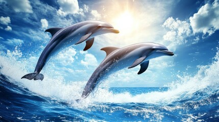 Fototapeta premium Dolphins Leap in Sunny Ocean Waters