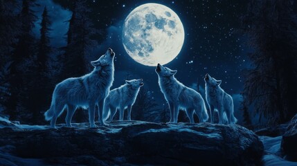 Wolf Pack Howling Under a Starry Sky