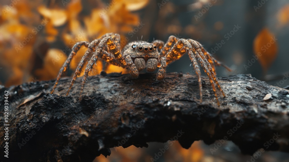 Poster a close encounter with a textured spider perched on a dark branch amidst autumn leaves in a serene f