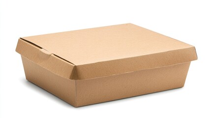 Close-up of a closed take-away box with simple design, isolated on a white background, representing food packaging concepts.