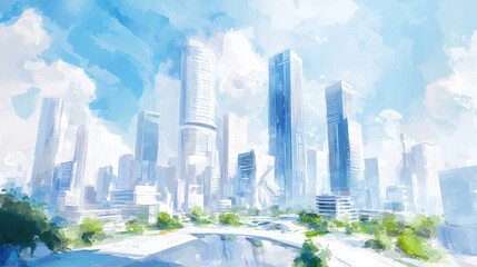 Naklejka premium Modern futuristic cityscape with skyscrapers and blue sky watercolor illustration
