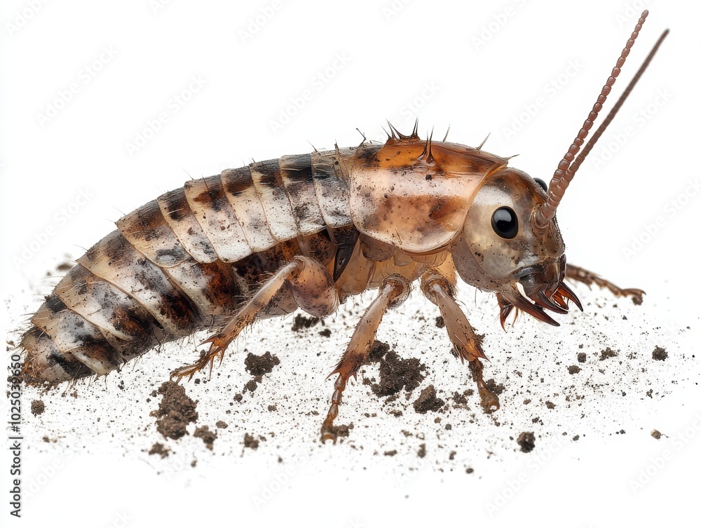 Poster a close-up view of a fascinating insect in a sandy environment showcasing its unique features and te