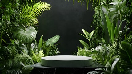 1. A serene 3D scene featuring a podium pedestal surrounded by lush green plants in a tropical forest garden, creating an organic theme for natural cosmetic and food presentations against a black