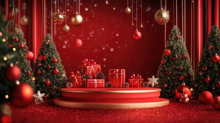 Red festive podium decoration with New Year's attributes and Christmas elements. AI generated illustration