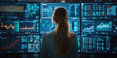 Businesswoman analyzing data on multiple screens, reviewing market trends, financial charts, and graphs in a modern office environment.