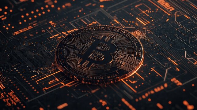 Close-up of a Bitcoin on a futuristic circuit board, representing digital currency and blockchain technology.