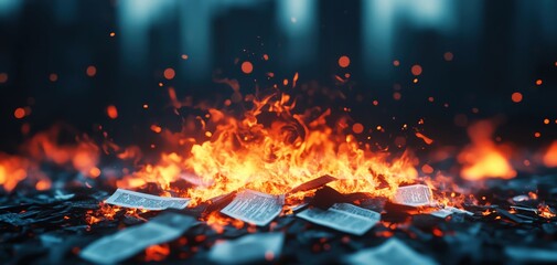 Burning papers symbolize destruction and loss in a dramatic inferno, evoking strong emotions and societal reflections.