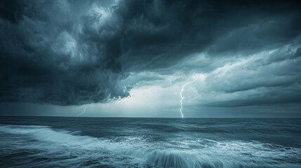 Fototapeta premium Thunderstorm Fury Lightning Strikes the Ocean 1