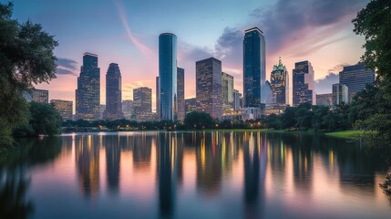 Fototapeta premium Golden Hour Skyline Cityscape in Sunset Hues