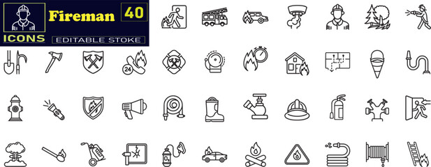 Firefighter icon set. Containing fireman, fire truck, hose, fire station, house fire icons .