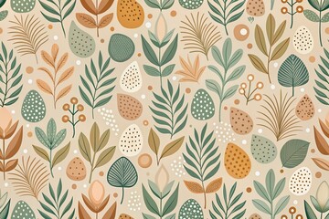 Fototapeta premium Aesthetic Contemporary Seamless Pattern with Abstract Plant Shapes in Earthy Pastels for Minimalist Mid-Century Decor