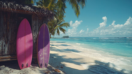   Two surfboards rest against a hut on the shore, near a palm tree on the beach