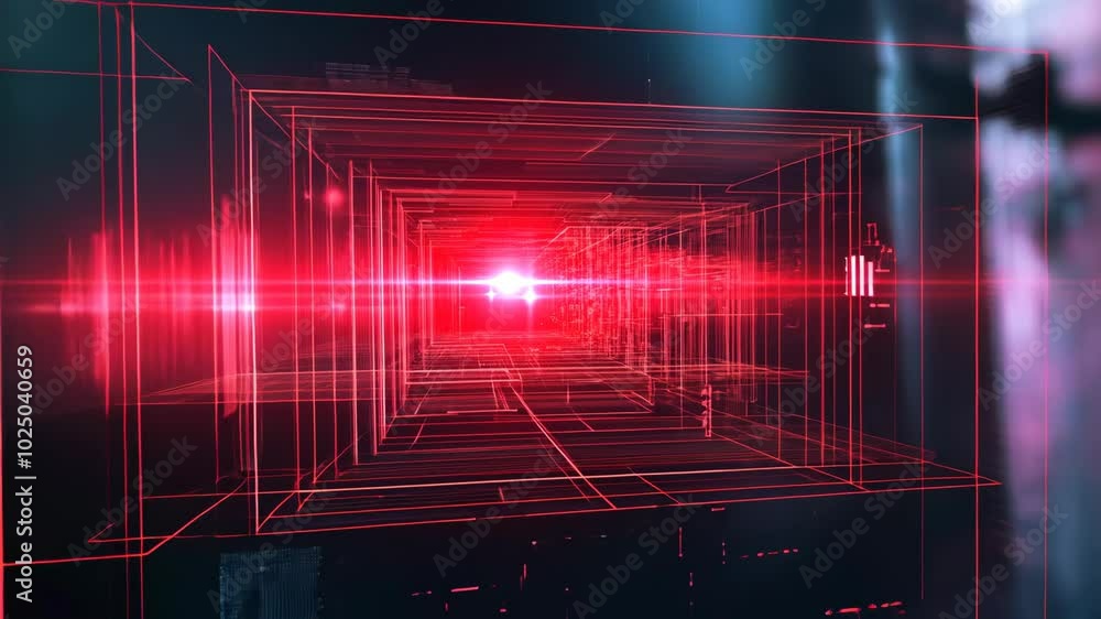 Poster a red light shines brightly in the center of a digital tunnel created from glowing lines